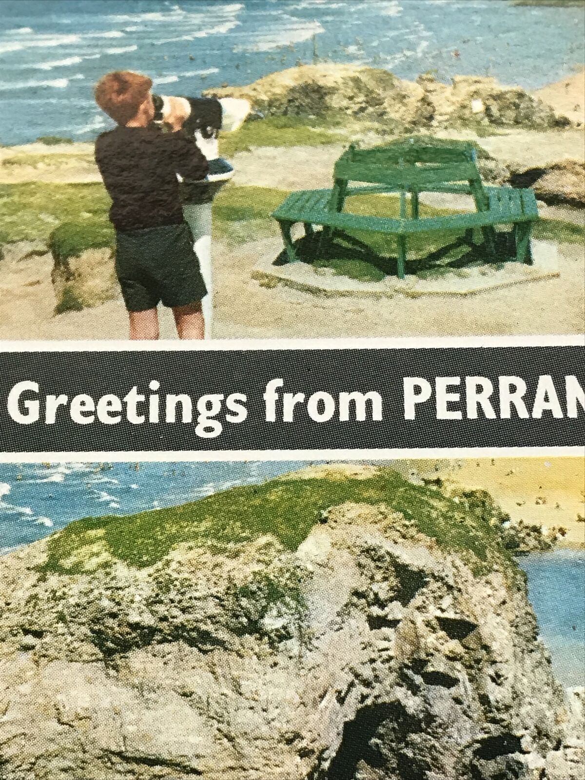 Vintage Postcard Greetings From Perranporth. Beach Cliffs Summer Holidays