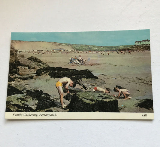 Vintage Postcard Perranporth Cornwall Family Gathering Beach Scene Harvey Barton