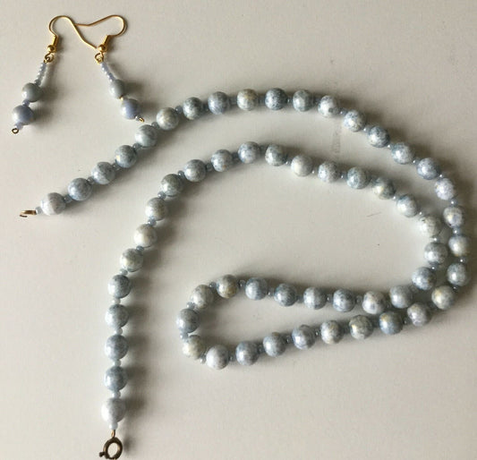 Pretty Vintage Beaded Necklace With Matching Earrings. Blue Ivory Ceramic Beads. Jewellery Set