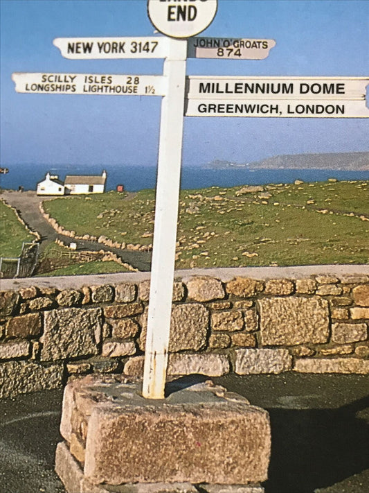 Postcard Lands End Cornwall Signpost First And Last House Sea Cliffs Holidays