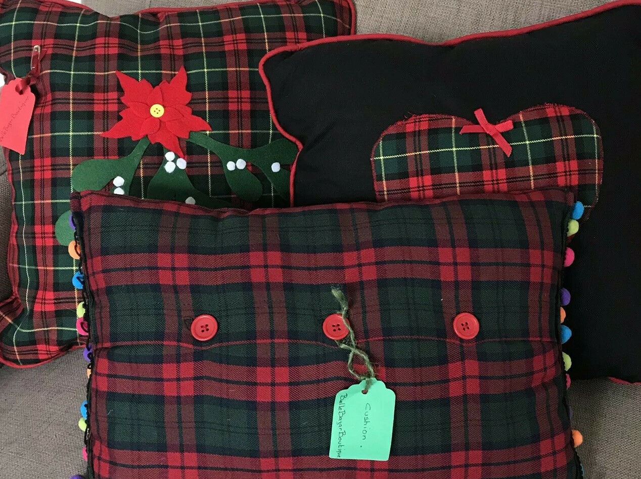 3 x Festive Tartan Christmas Cushions Pom Poms Mistletoe Poinsettia Handmade