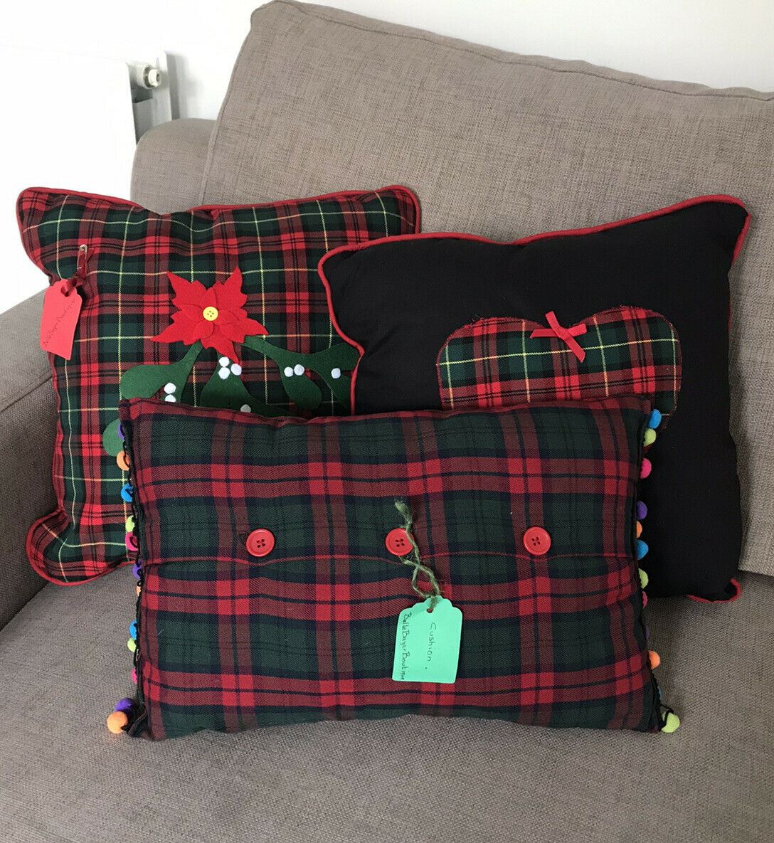 3 x Festive Tartan Christmas Cushions Pom Poms Mistletoe Poinsettia Handmade