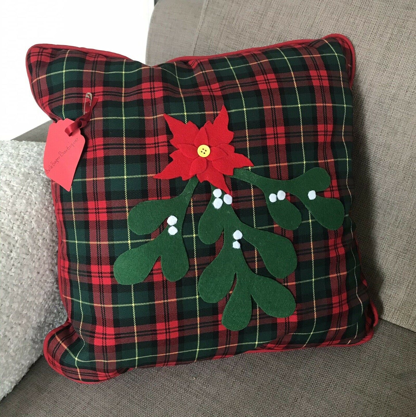 3 x Festive Tartan Christmas Cushions Pom Poms Mistletoe Poinsettia Handmade