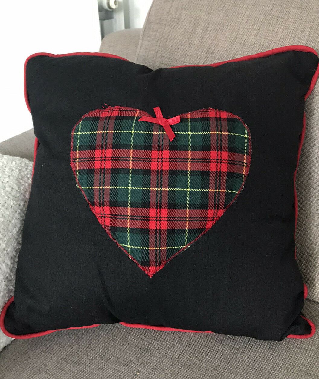 3 x Festive Tartan Christmas Cushions Pom Poms Mistletoe Poinsettia Handmade