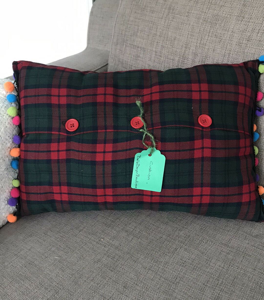 3 x Festive Tartan Christmas Cushions Pom Poms Mistletoe Poinsettia Handmade