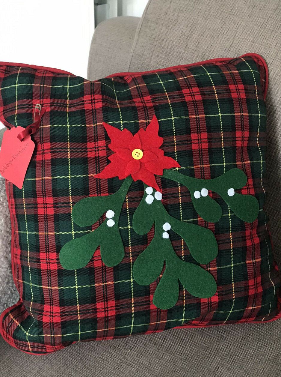 3 x Festive Tartan Christmas Cushions Pom Poms Mistletoe Poinsettia Handmade