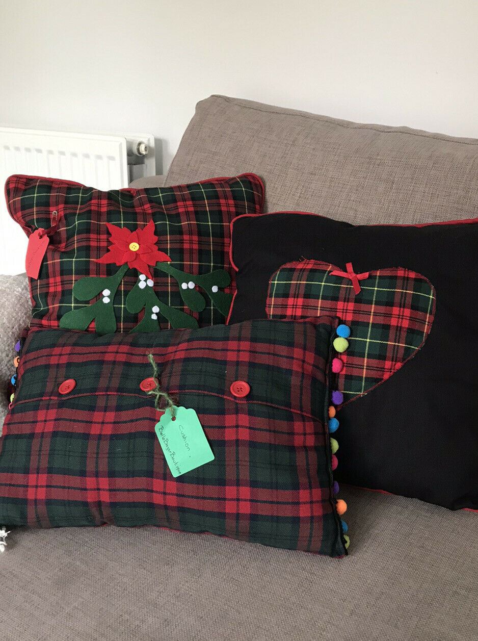 3 x Festive Tartan Christmas Cushions Pom Poms Mistletoe Poinsettia Handmade