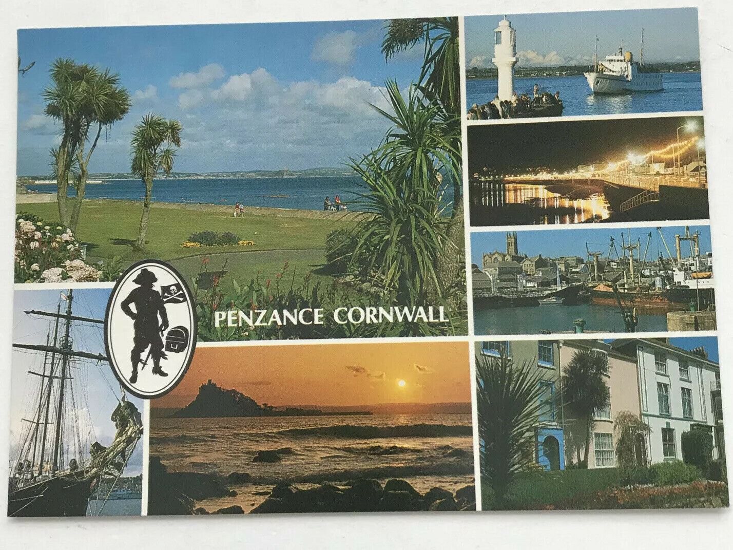 Postcard Penzance Cornwall Pirates Seascape Lighthouse Harbour Boats Night Time