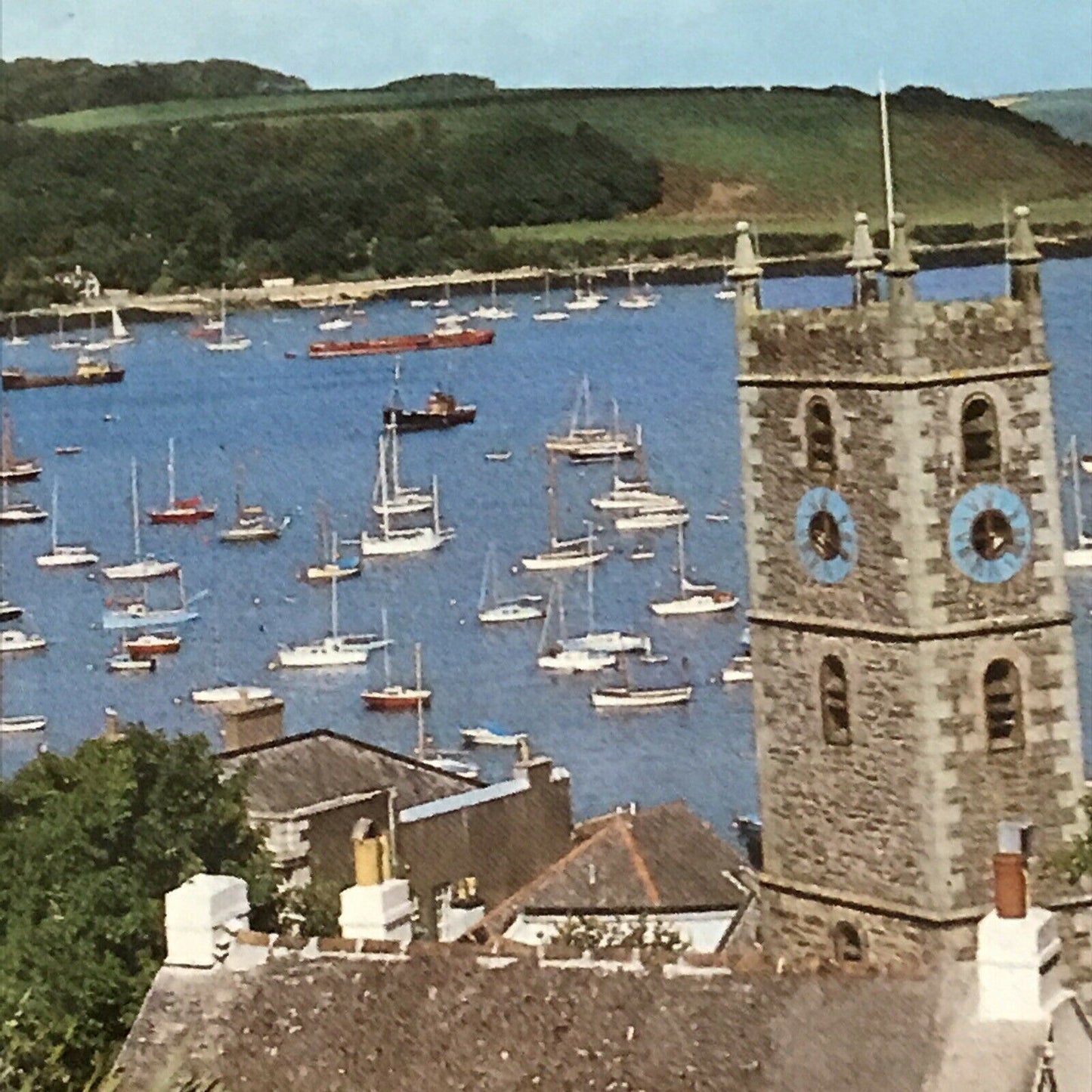 Postcard Church And Harbour Falmouth Cornwall Boats Seascape Town Hills