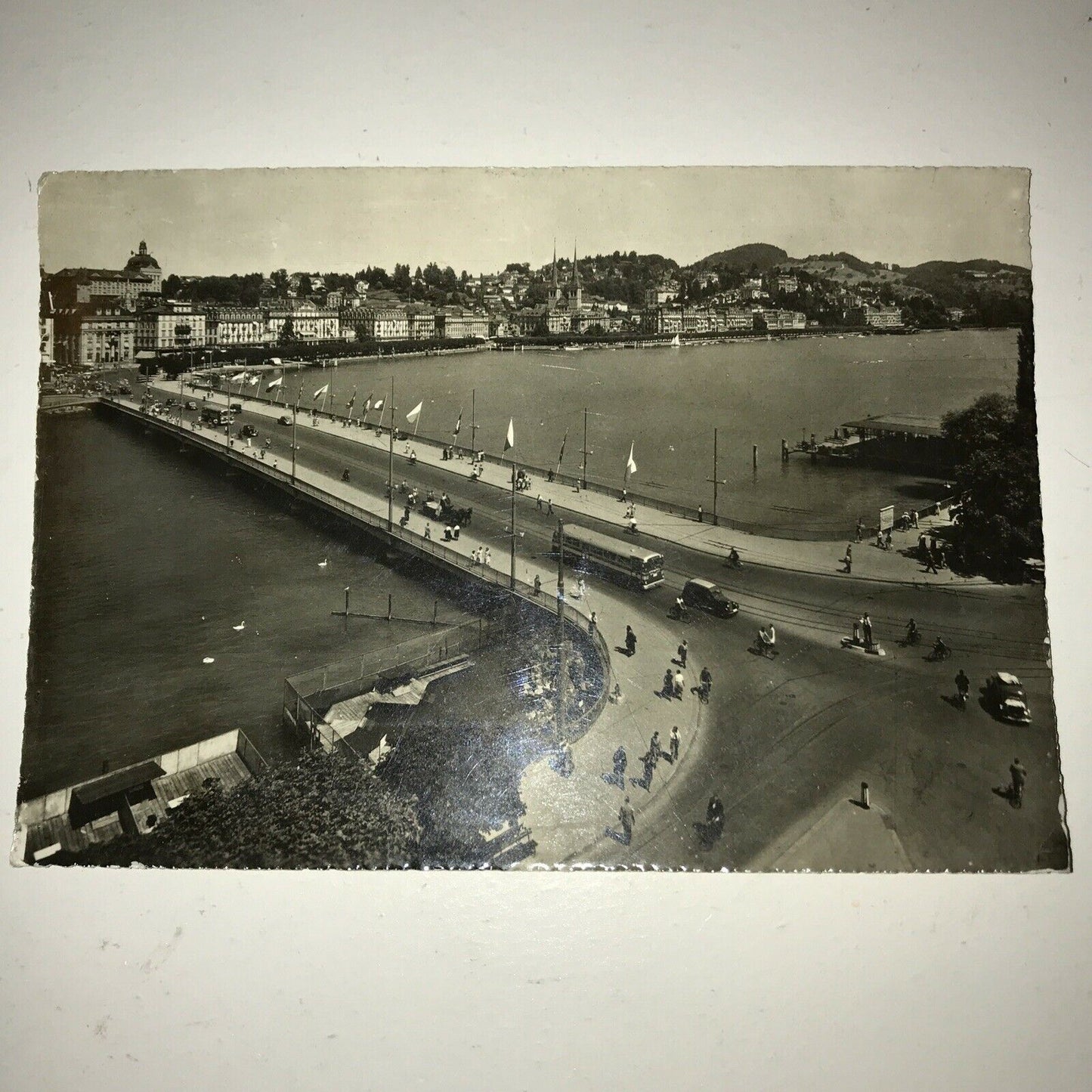 Vintage Real Photograph Postcard Luzern Switzerland Seebrucke River Bridge