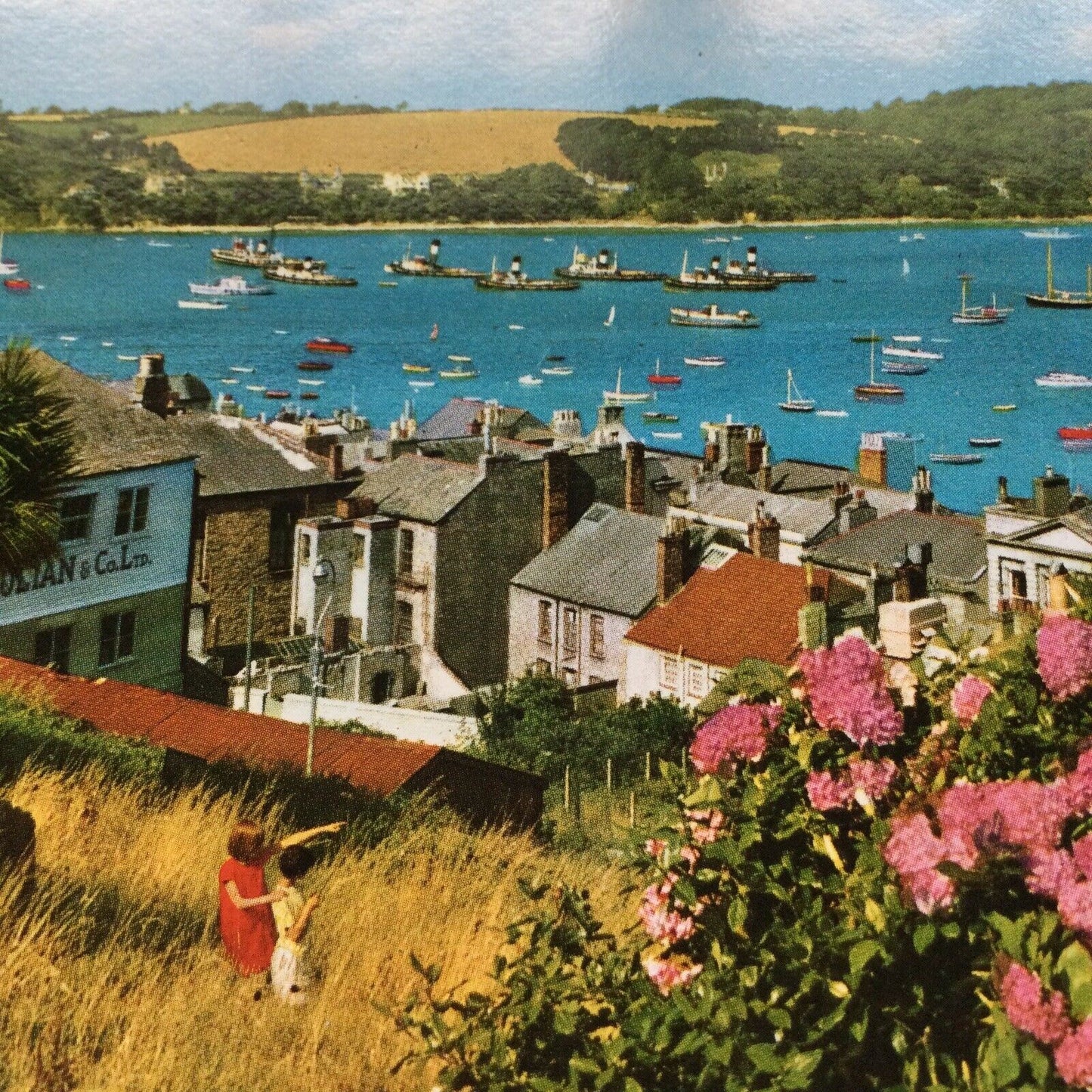 Postcard Cornwall Falmouth Harbour Boats Seascape Town Hillside Church Flowers