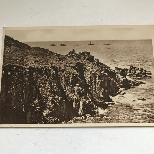 Vintage Postcard Lands End Longships Lighthouse Black And White Cliffs Sea Rocks