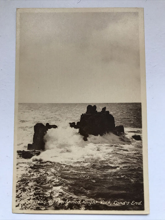 Vintage Black And White Postcard Armed Knight Rock Lands End Cornwall Rough Sea