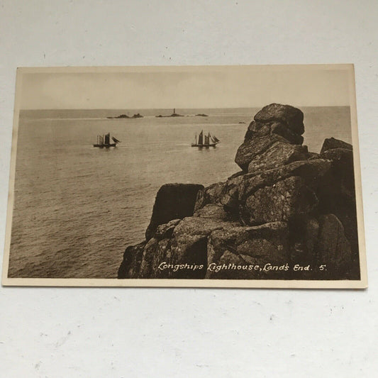 Vintage Postcard Lands End Longships Lighthouse Black And White Sailboats