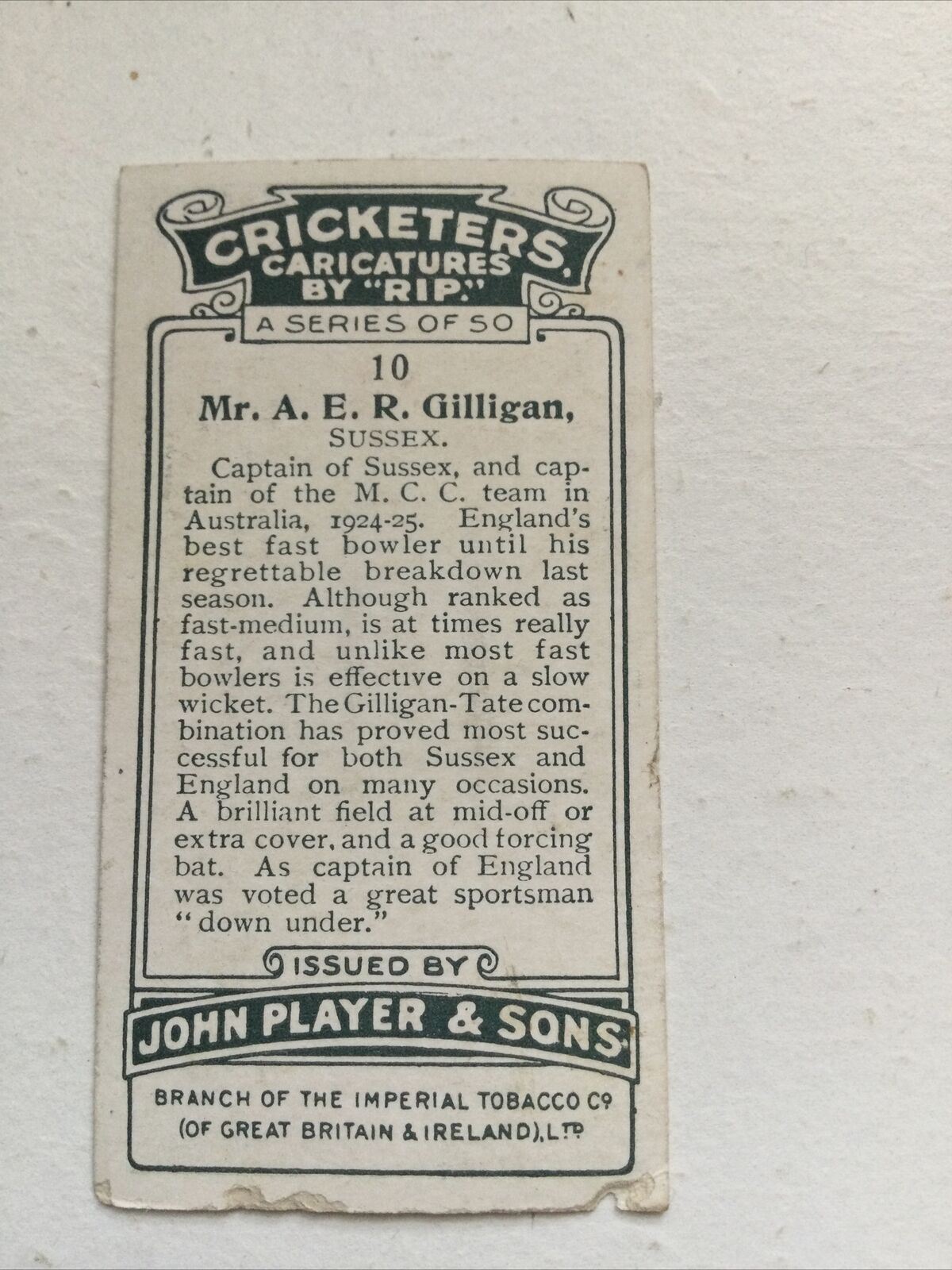 Vintage Players Cigarettes Card Cricketers Caricatures By RIP A E R Gilligan 10