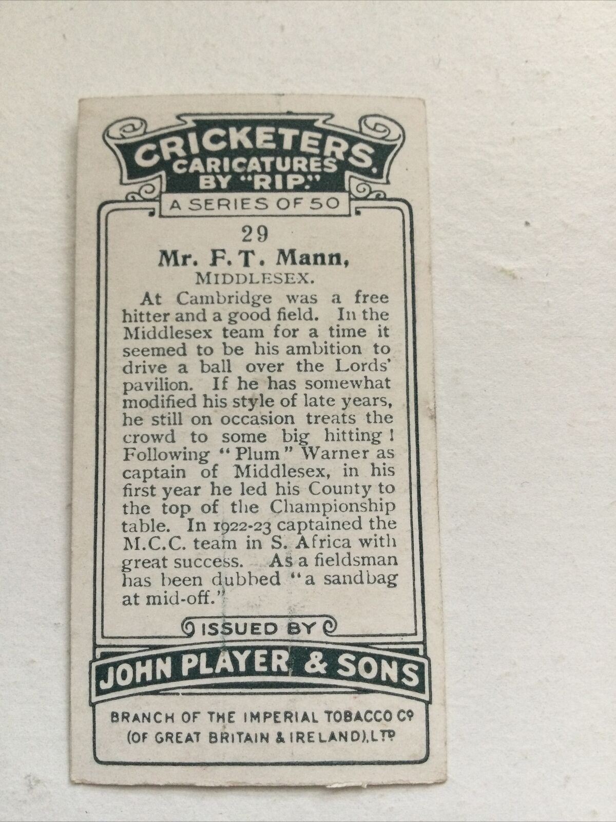 Vintage Players Cigarettes Card Cricketers Caricatures By RIP F T Mann 29 Middle