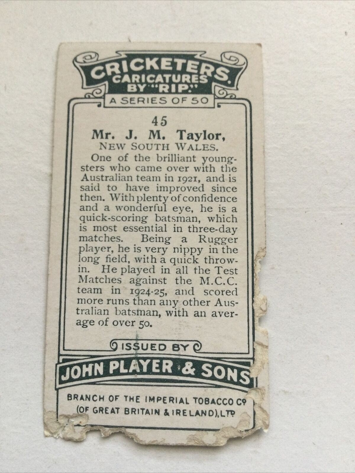 Vintage Players Cigarettes Card Cricketers Caricatures By RIP J M Taylor 45