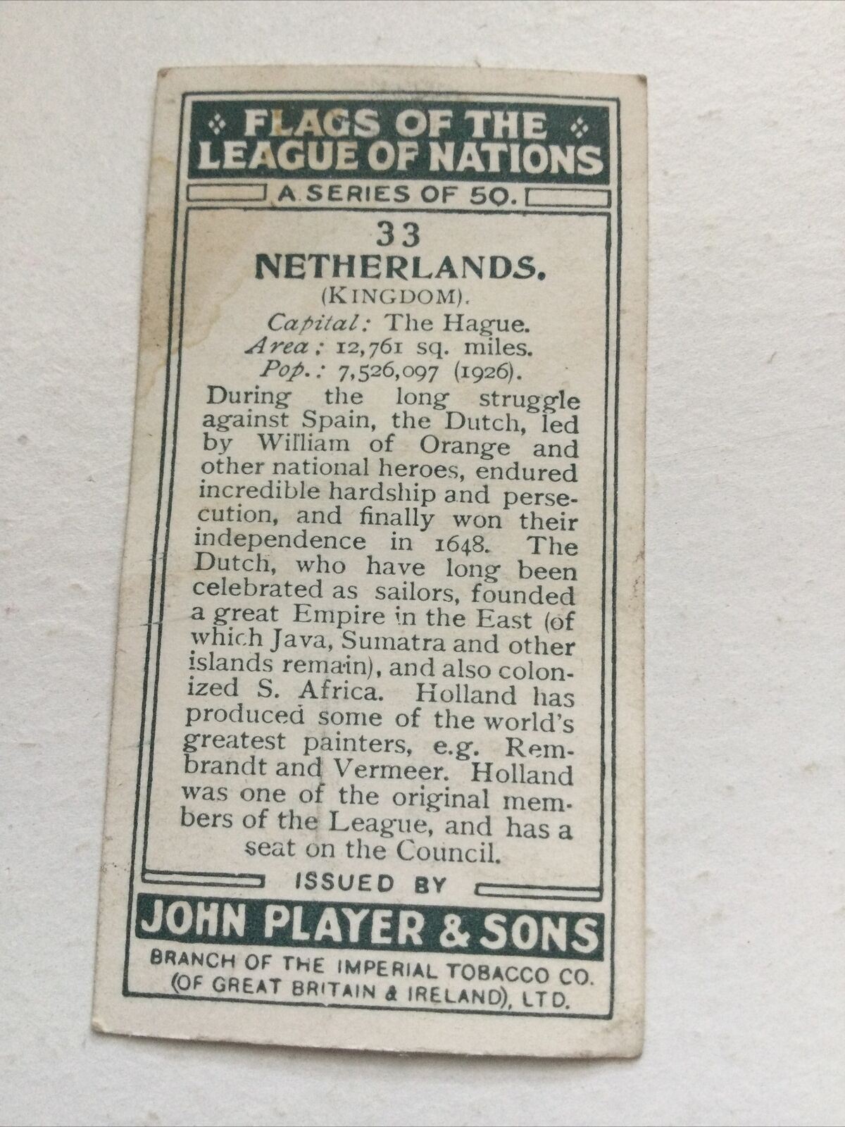 Vintage Players Cigarettes Card Flags Of The League Of Nations Netherlands 33