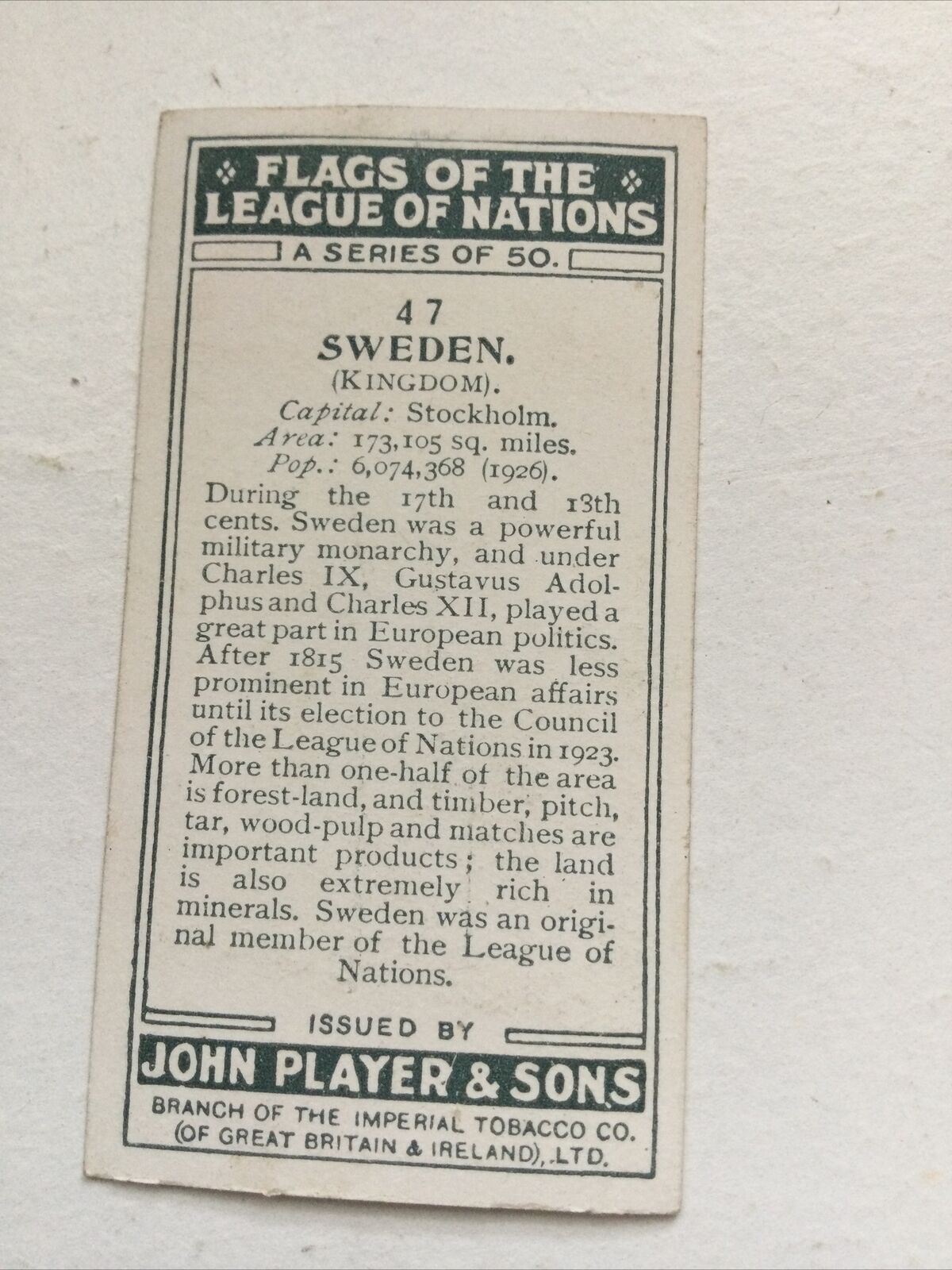 Vintage Players Cigarettes Card Flags Of The League Of Nations Sweden 47 1928