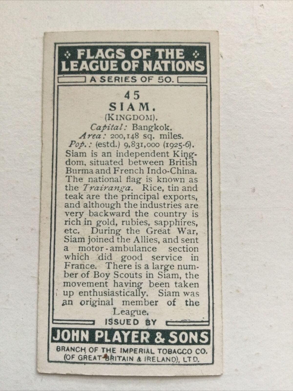 Vintage Players Cigarettes Card Flags Of The League Of Nations Siam 45 Thailand