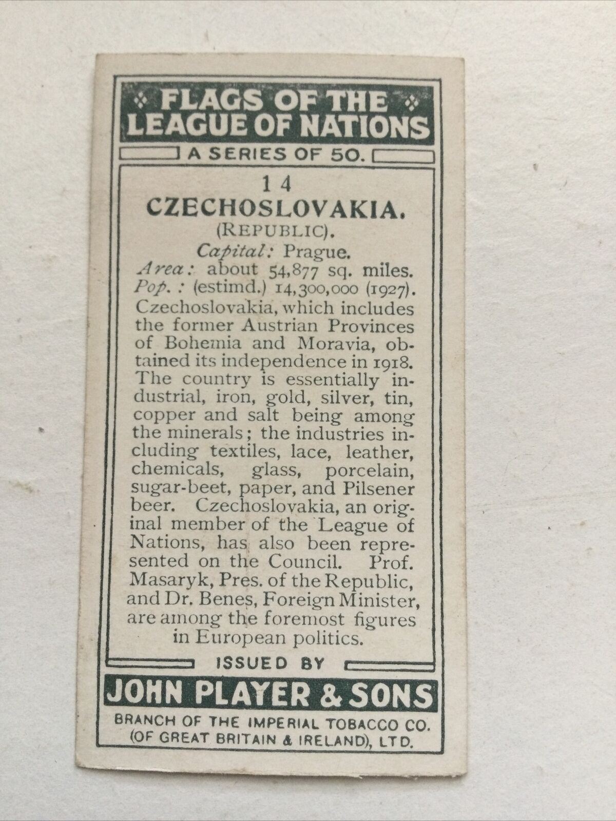 Vintage Players Cigarettes Card Flags Of The League Of Nations Czechoslovakia 14