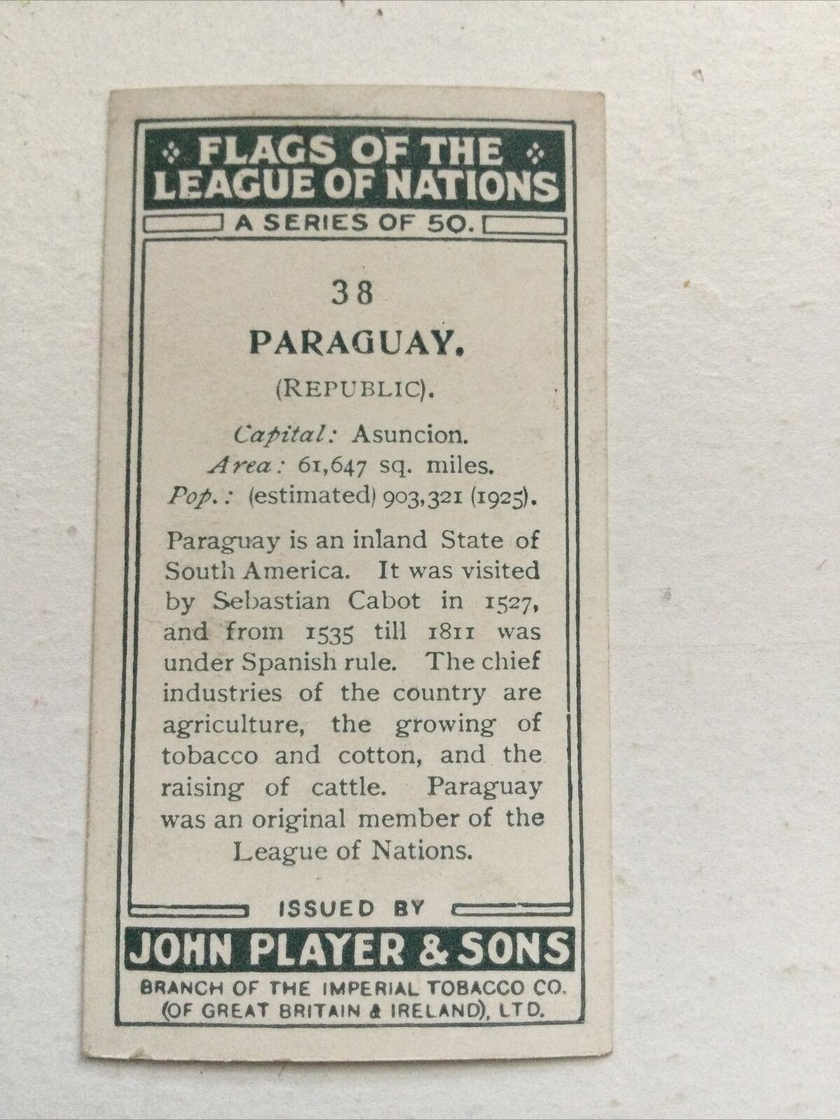 Vintage Players Cigarettes Card Flags Of The League Of Nations Paraguay 38