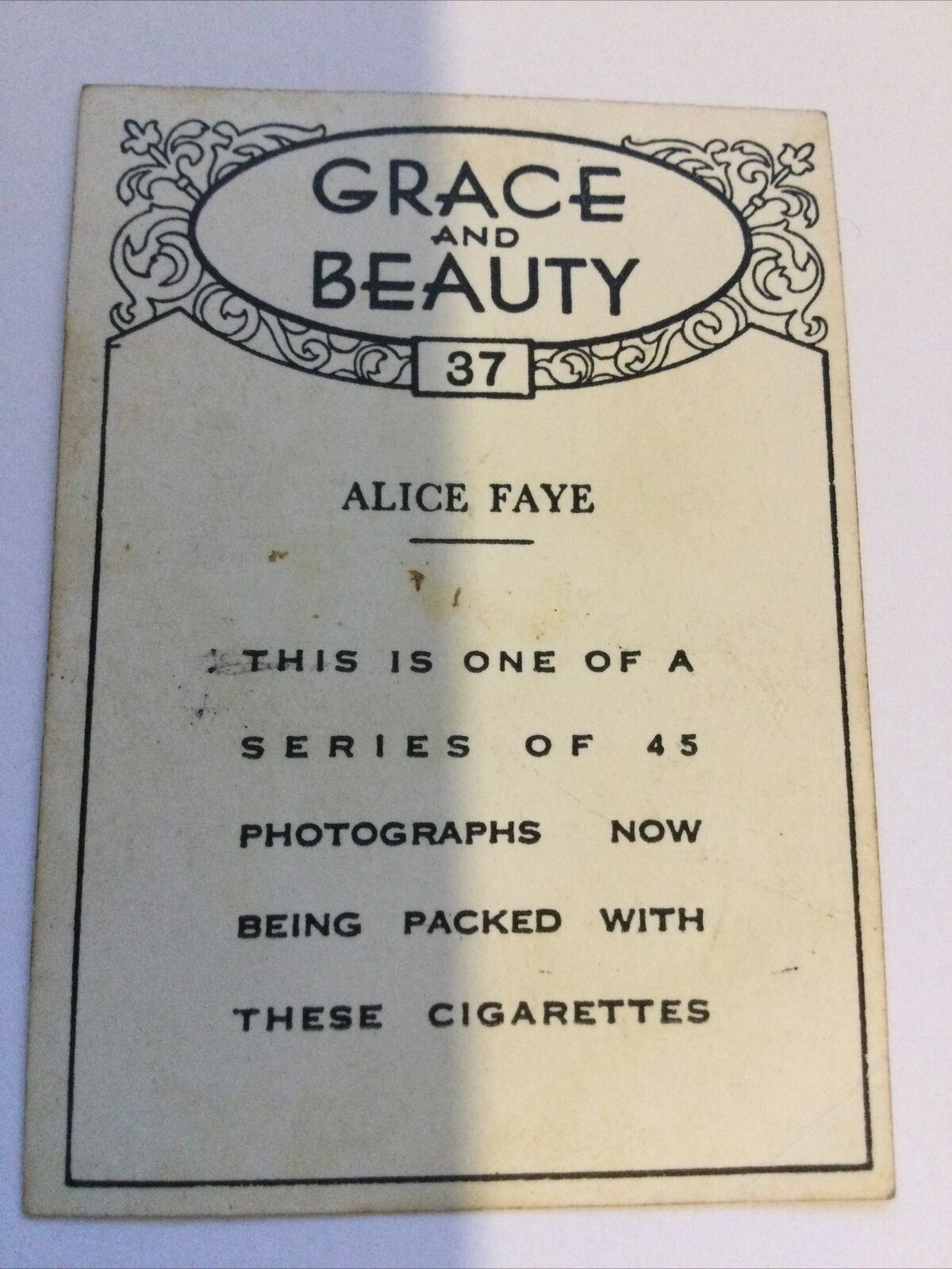 Vintage Cigarette Card British American Tobacco Grace & Beauty Alice Faye #37