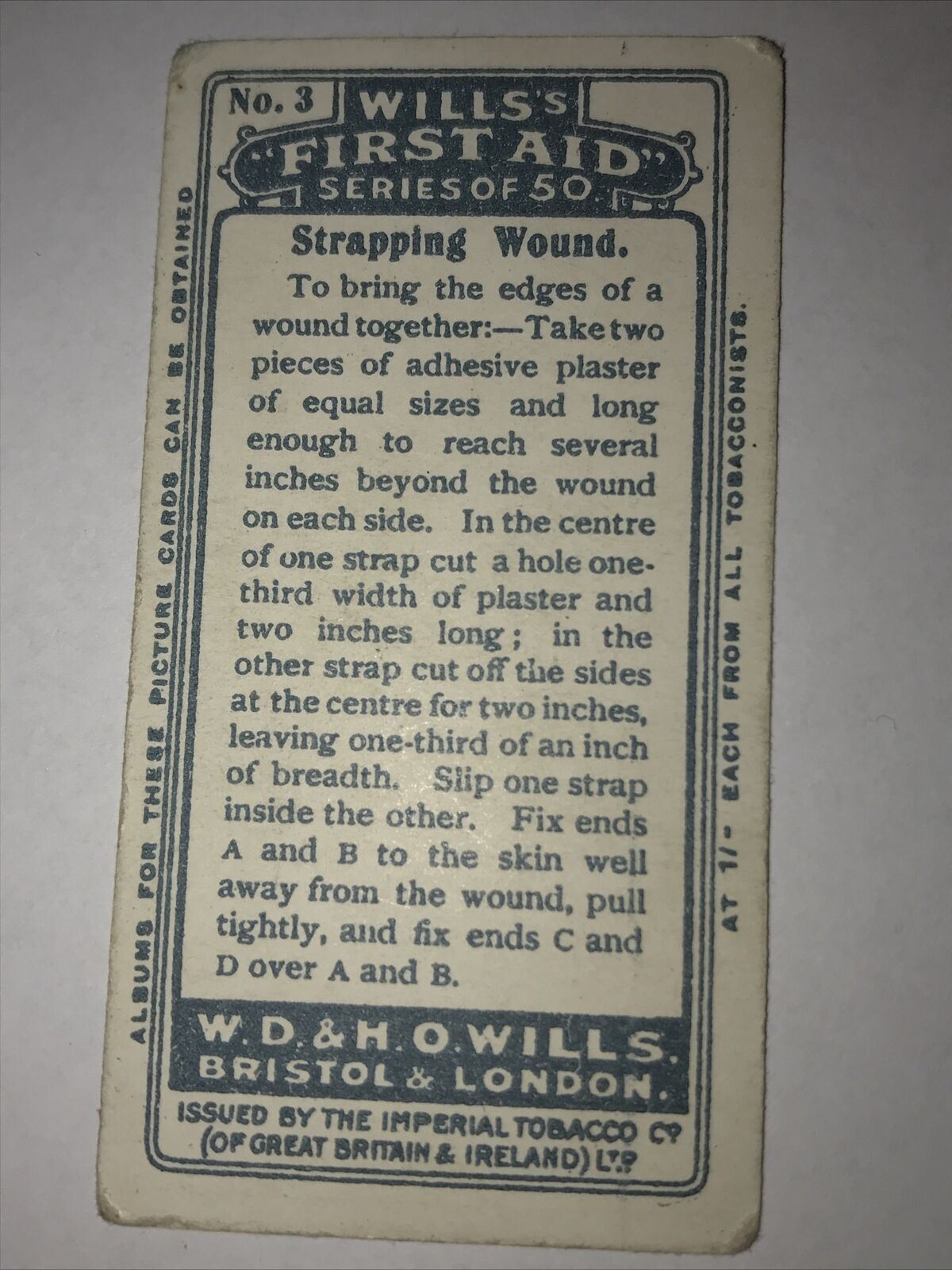 Wills Cigarette Card First Aid Strapping Wound No.3 An Incised