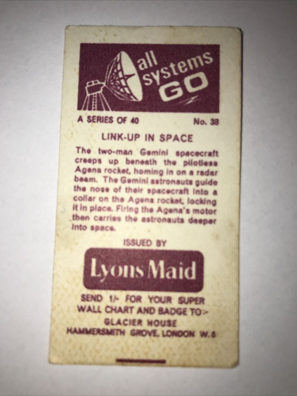 Lyons Maid Trade Card All Systems Go no38 Link-Up In Space Gemini Spacecraft