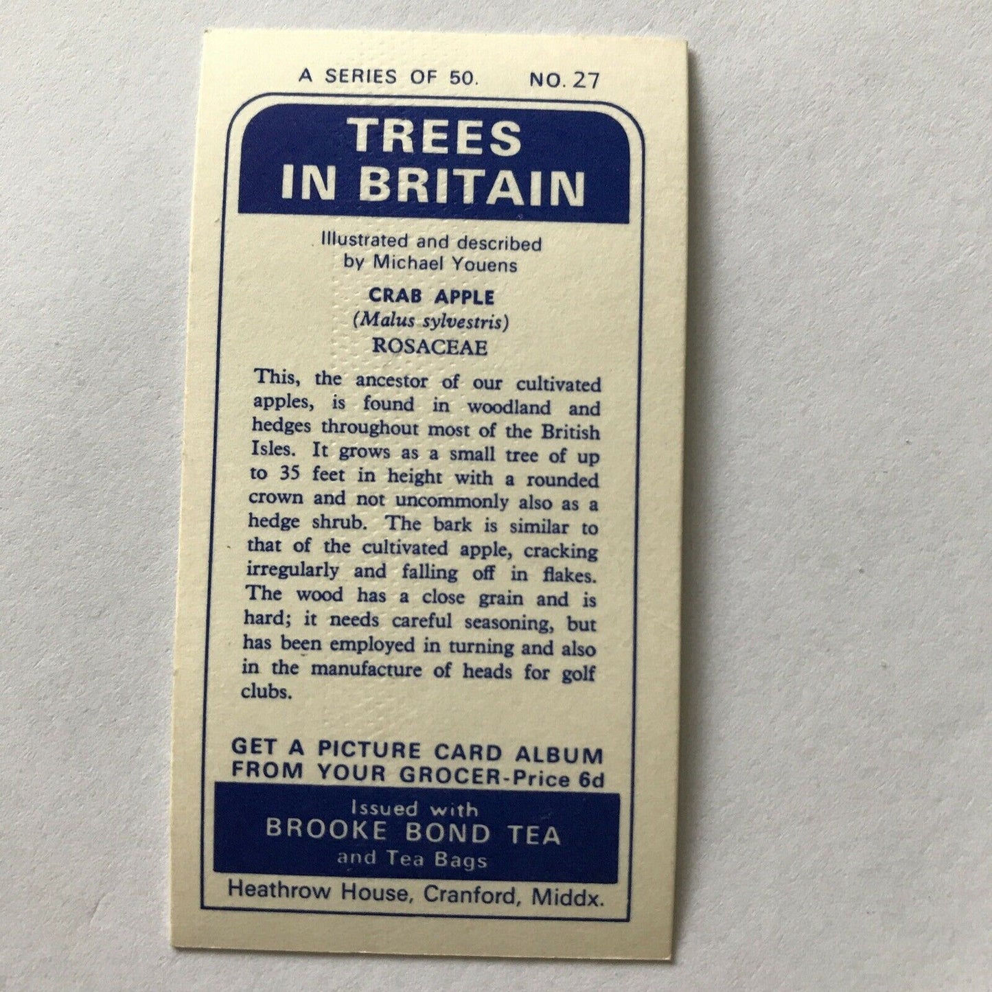 Brooke Bond Tea Card Trees In Britain No 27 Crab Apple 1960s Collectable