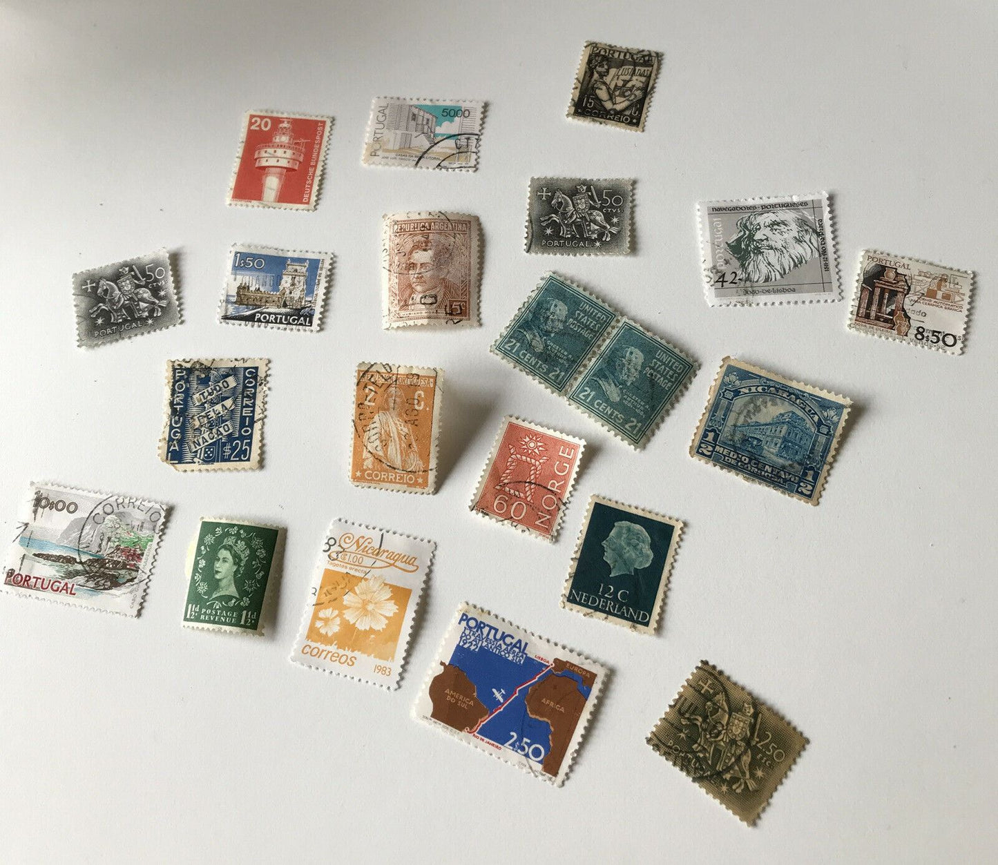 Job Lot Foreign Stamps x 21 Portugal Uk Nicaragua Netherlands Norway Usa Germany