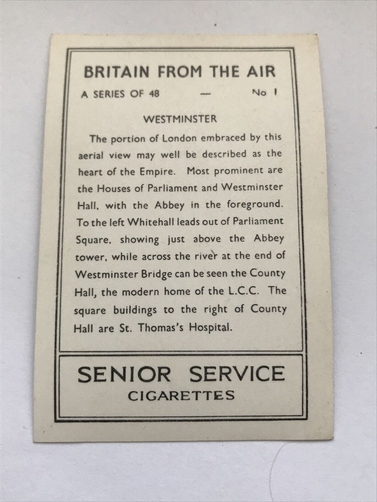 Senior Service Cigarette Card Britain From The Air 1939 Westminster no1