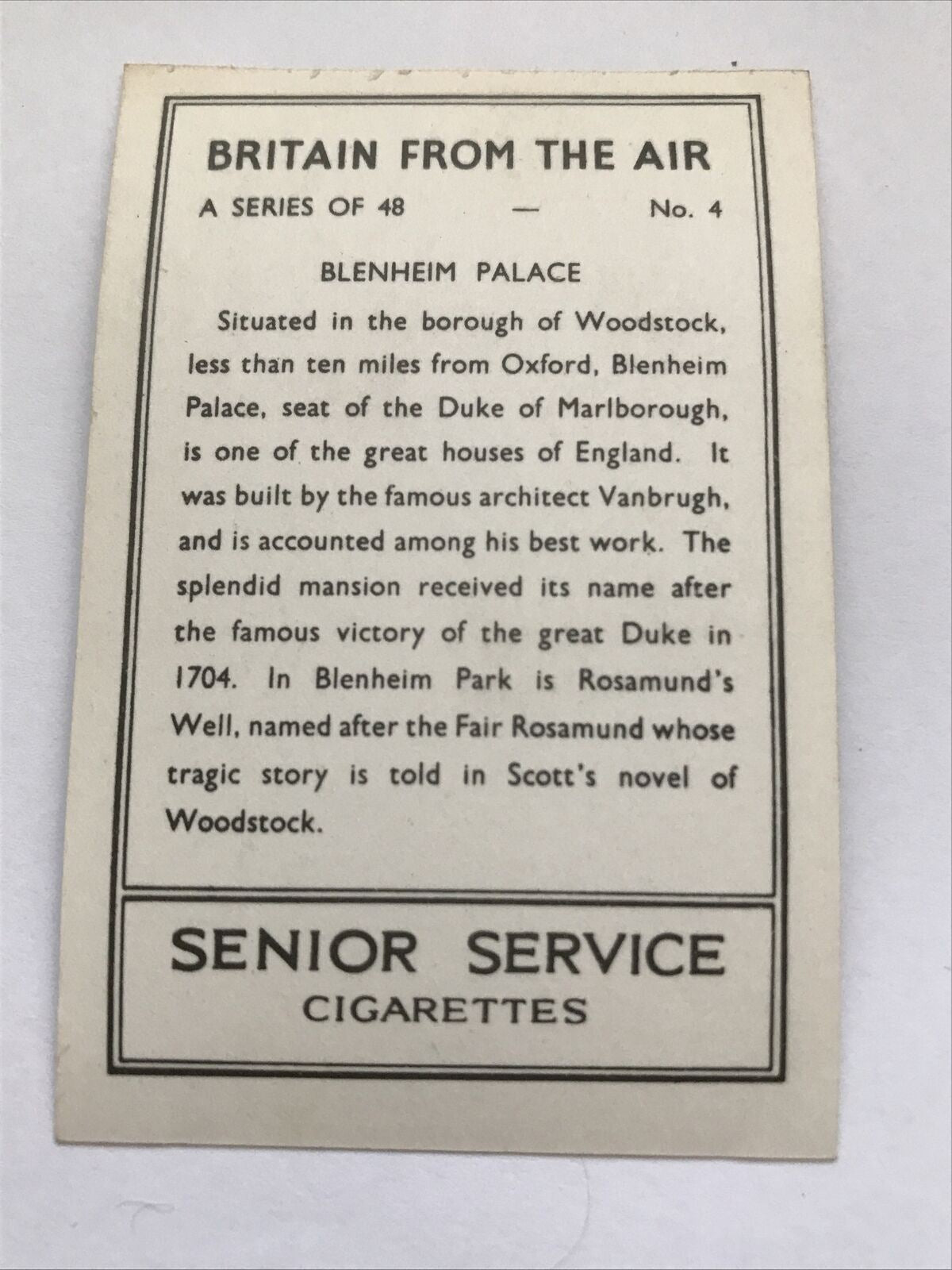 Senior Service Cigarette Card Britain From The Air 1939 Blenheim Palace no 4