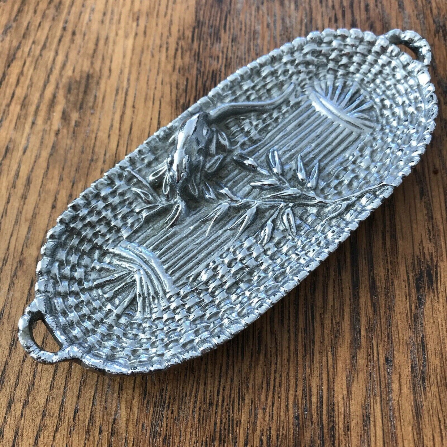 Chrome Plated Vintage Trinket Dish / Key or coin tray. Mouse With Wheat In Basket. Harvest mouse.