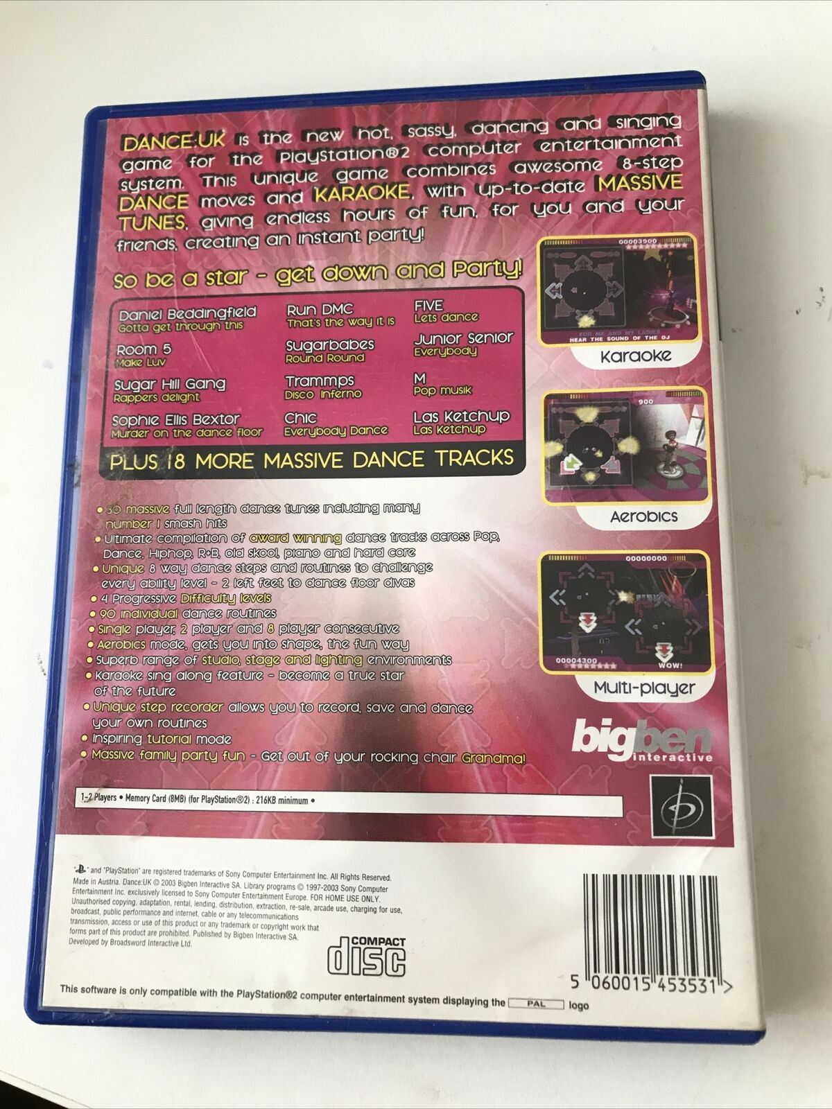 Dance UK game PS2 Play Station 2 3+ Daniel Beddingfield Run DMC Sugarbabes Chic