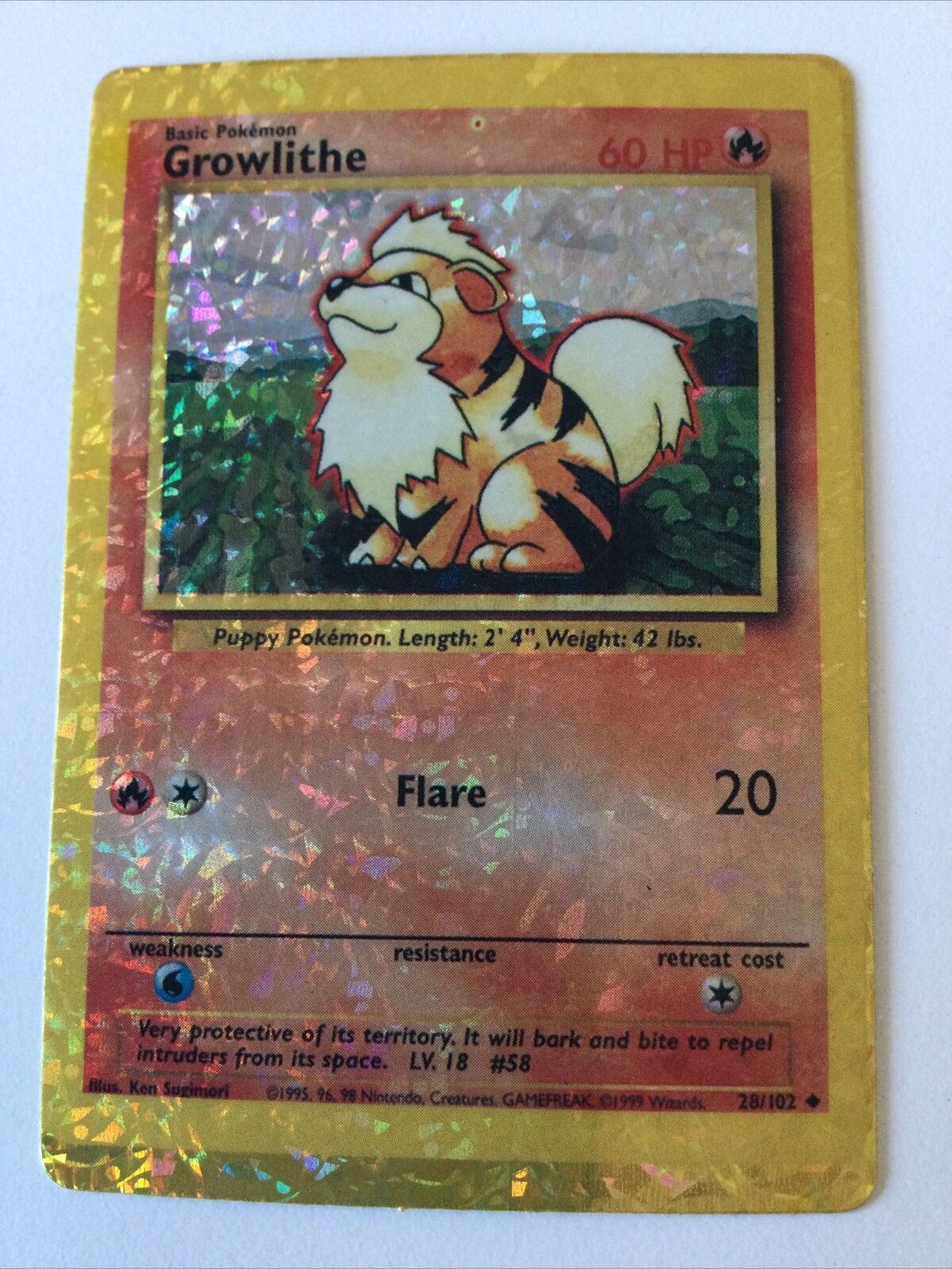 Pokemon Vending STICKER unused 1999 HOLO 28/102 Growlithe base card vintage 90s