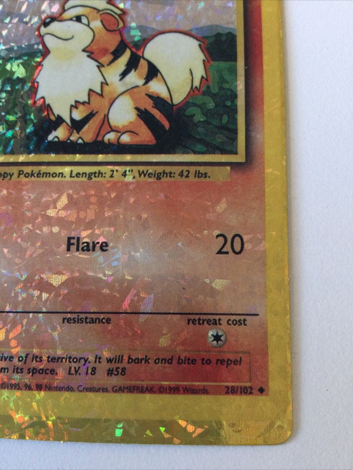 Pokemon Vending STICKER unused 1999 HOLO 28/102 Growlithe base card vintage 90s