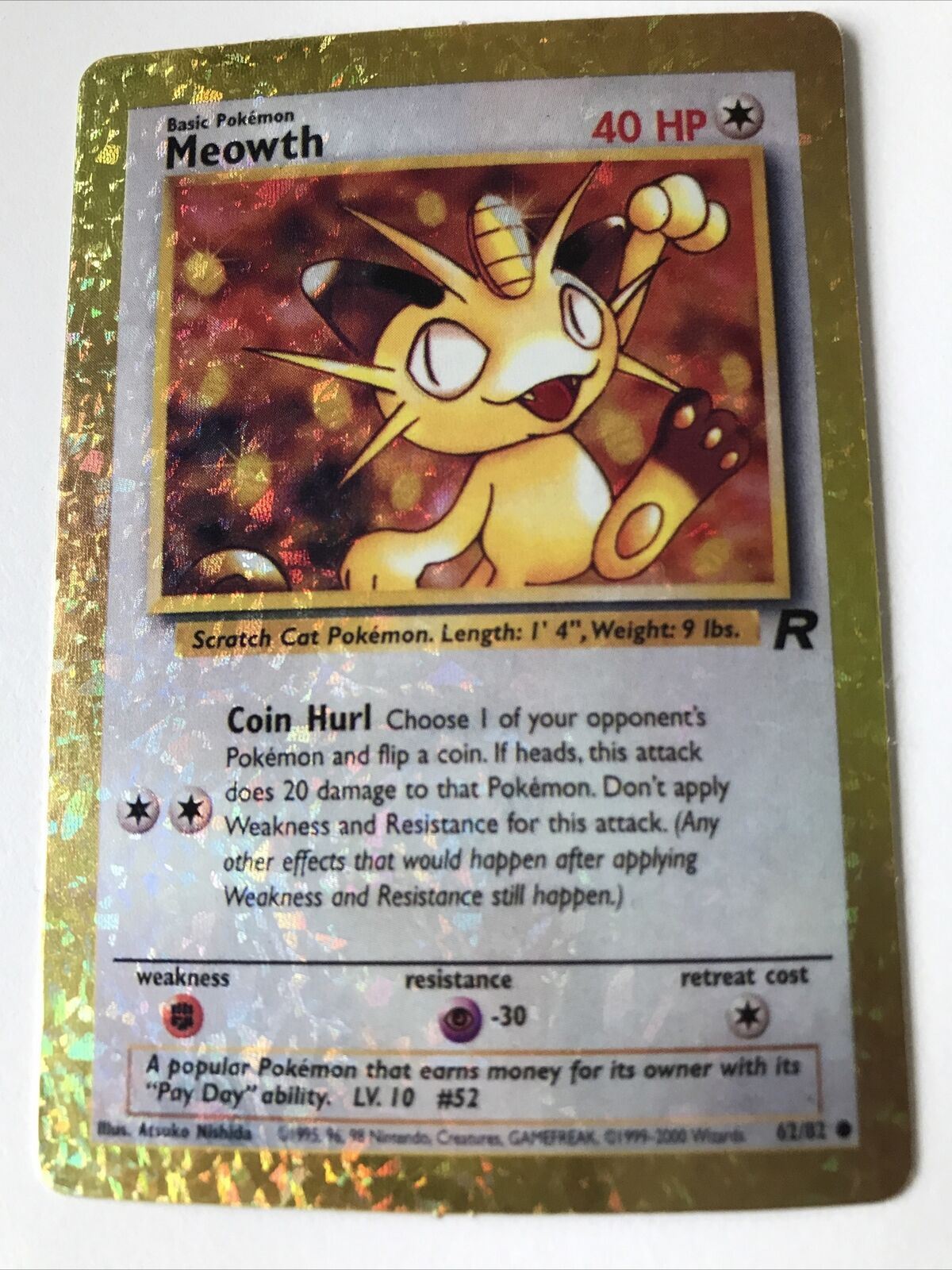 Pokemon Vending STICKER unused 1999 HOLO 62/82 Meowth vintage 90s team ROCKET