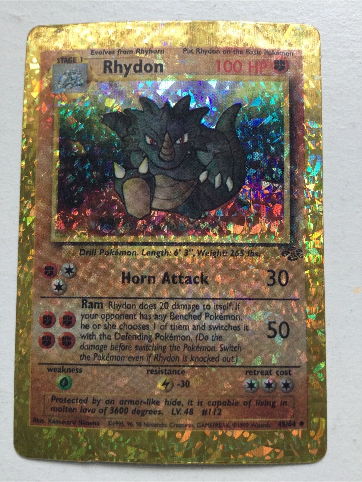 Pokemon Vending Sticker Unused 1999 45/64 Rhydon jungle HOLO NEAR MINT