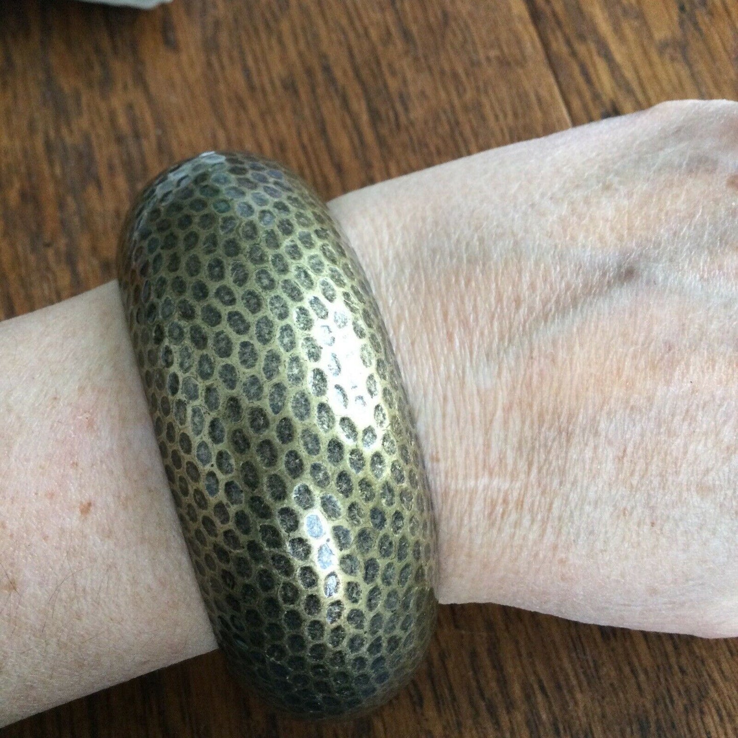 Wide Chunky Brass Bangle. Textured pattern.. Boho Ethnic Geo statement