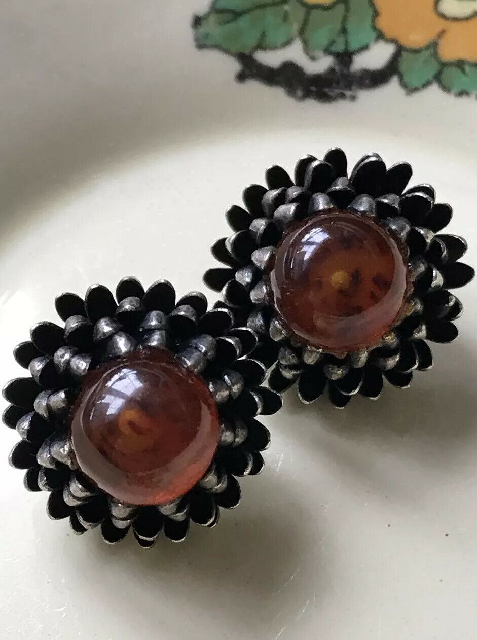 Vintage Clip On Large Stud Earrings. Pewter Colour With Amber Colour Stone.