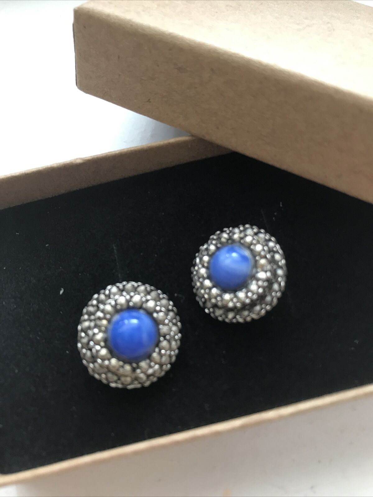 Vintage clip on beaded cluster stud earrings. Blue and silver tone. Round