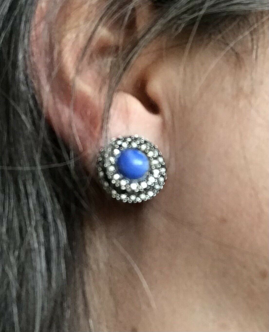 Vintage clip on beaded cluster stud earrings. Blue and silver tone. Round