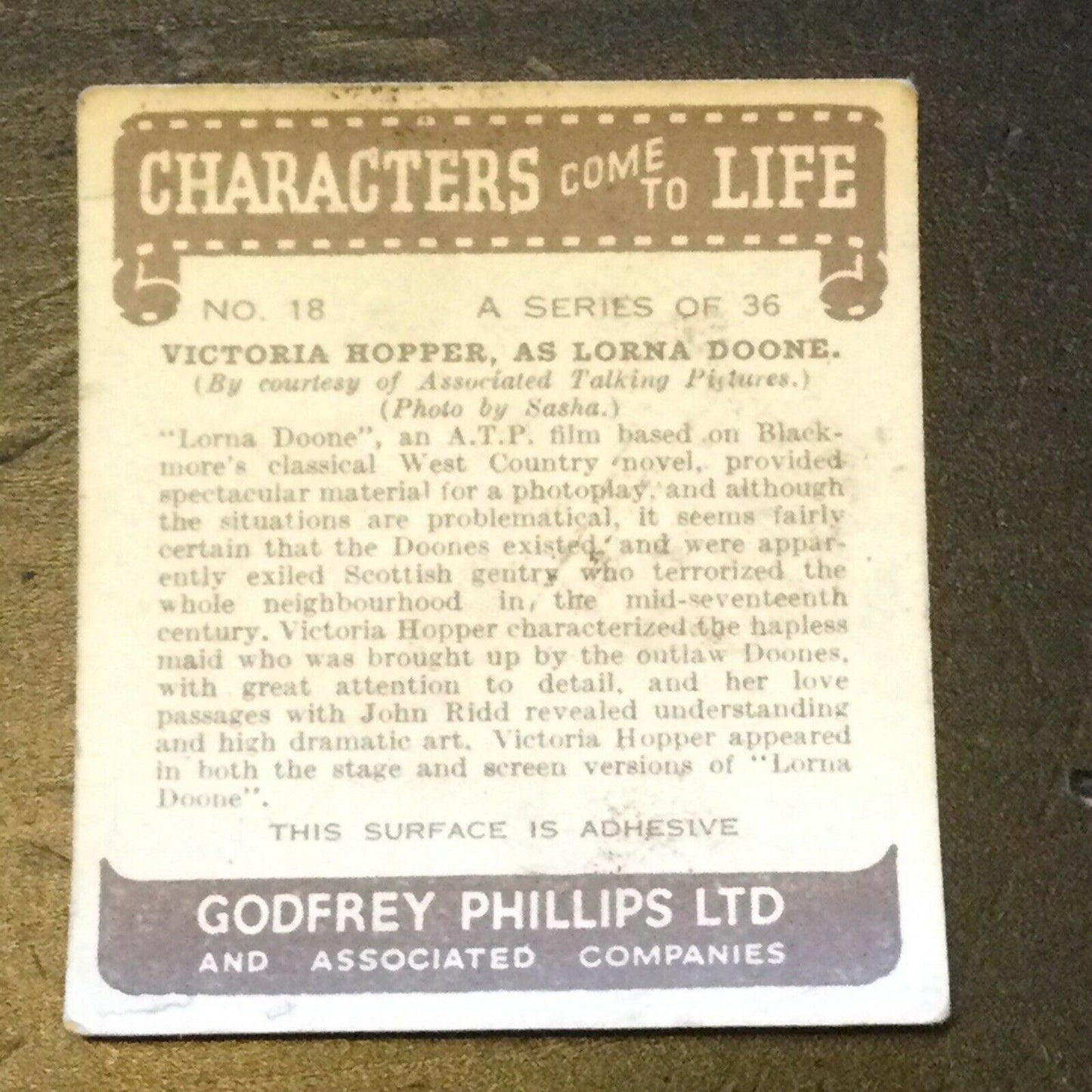 Godfrey Phillips Cigarette Card no.18 Victoria Hopper Lorna Doone Characters