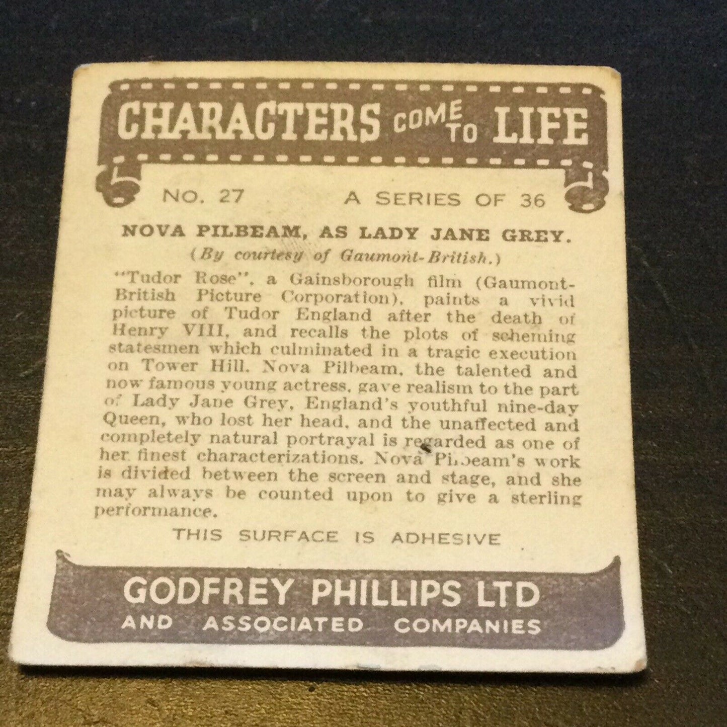 Godfrey Phillips Cigarette Card Nova Pilbeam Lady Jane Grey no.27 Characters