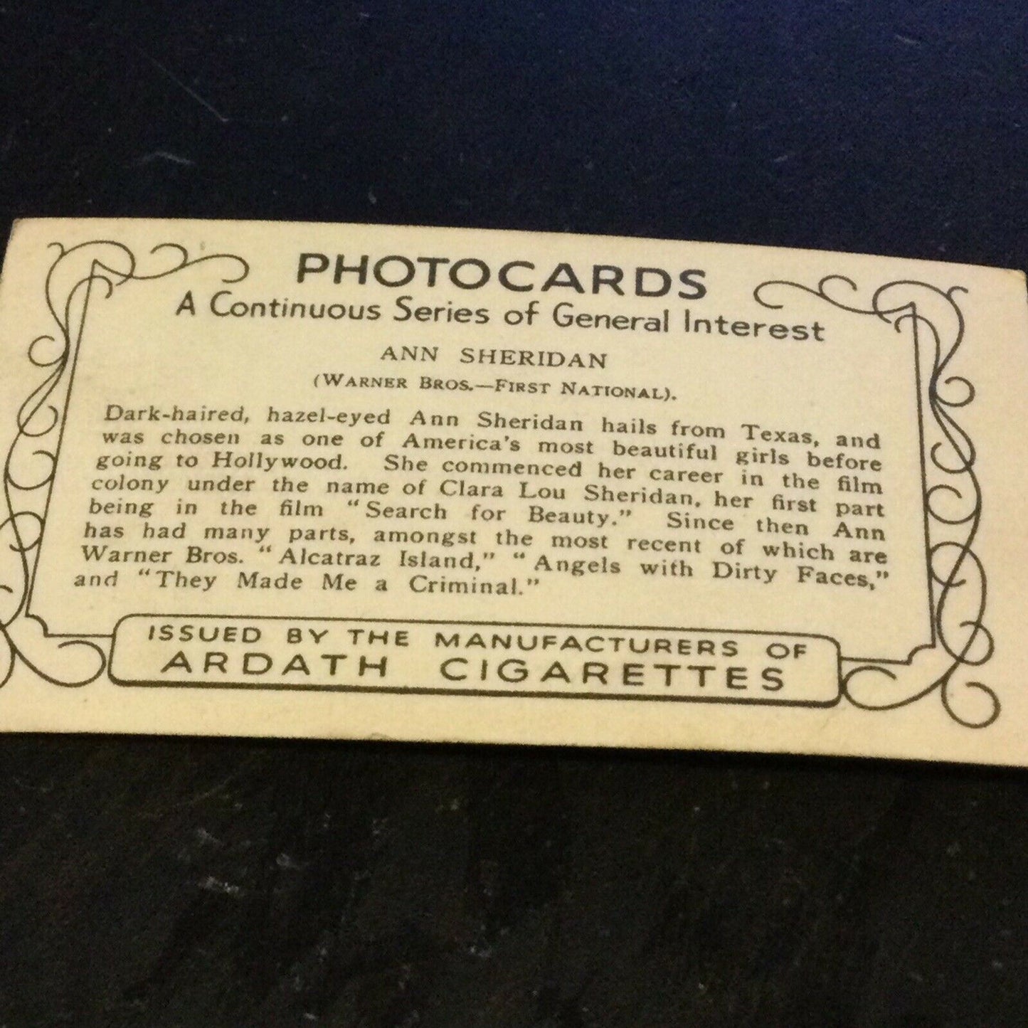 Ardath Cigarette Card Photocard Ann Sheridan Continuous Series General Interest