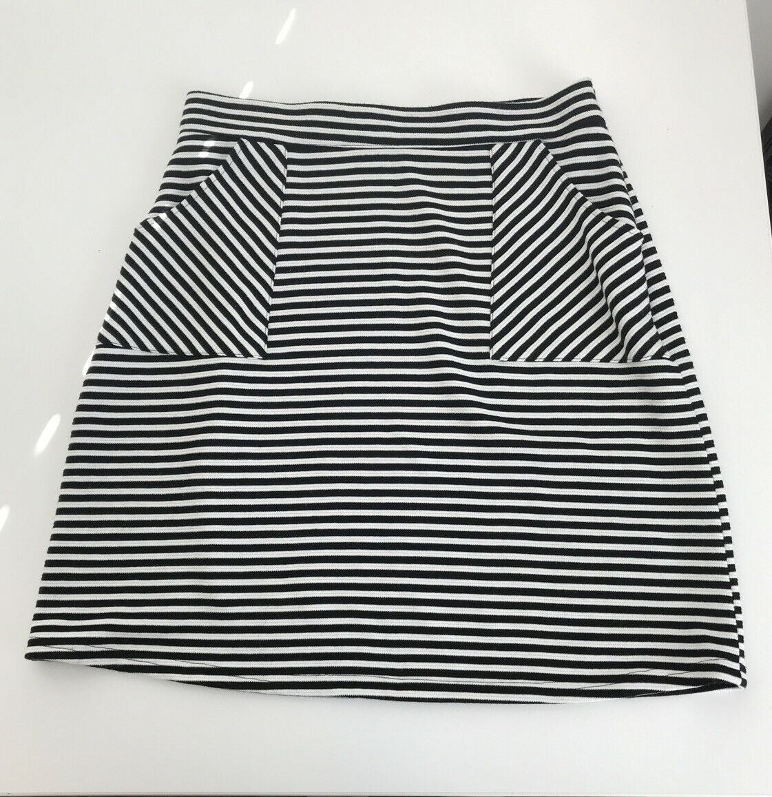 Size 10 A Line Mini Skirt Black Cream Stripe Papaya Stretch Jersey Pockets Retro