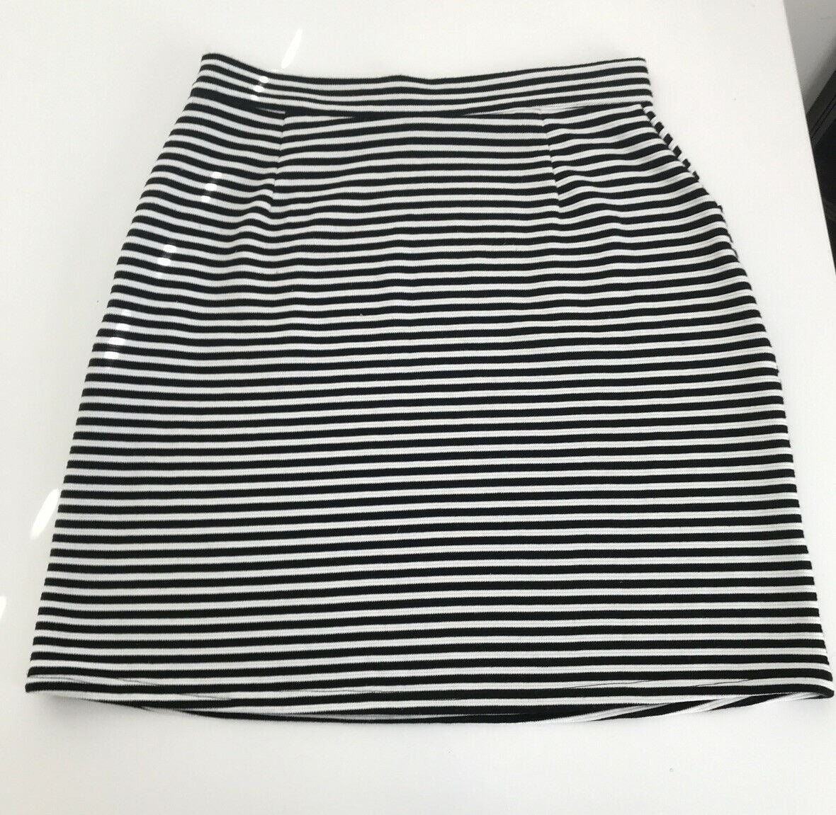 Size 10 A Line Mini Skirt Black Cream Stripe Papaya Stretch Jersey Pockets Retro