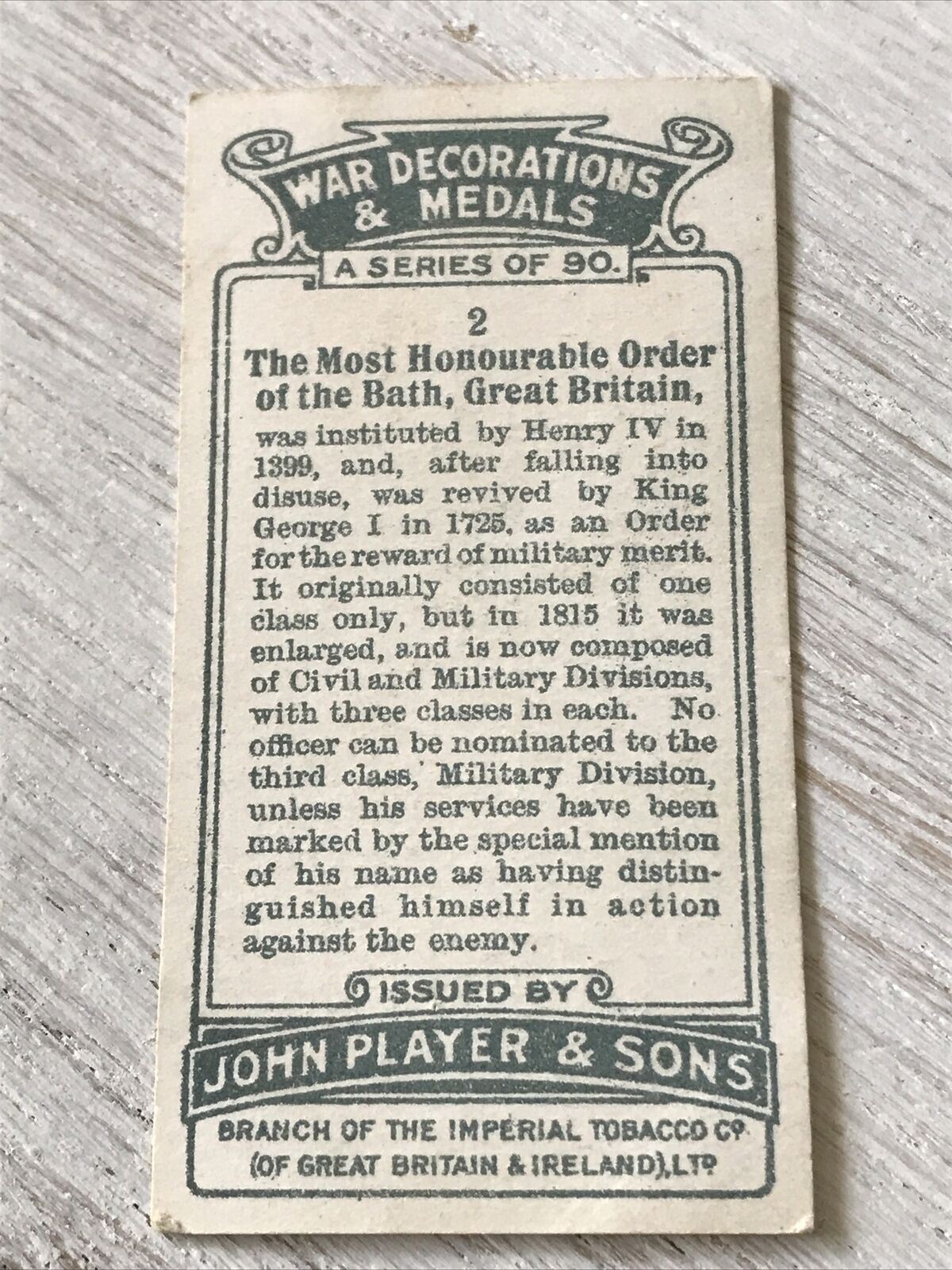 Players Cigarette Card War Decoratiions & Medals 2 Most Honourable Order Of Bath