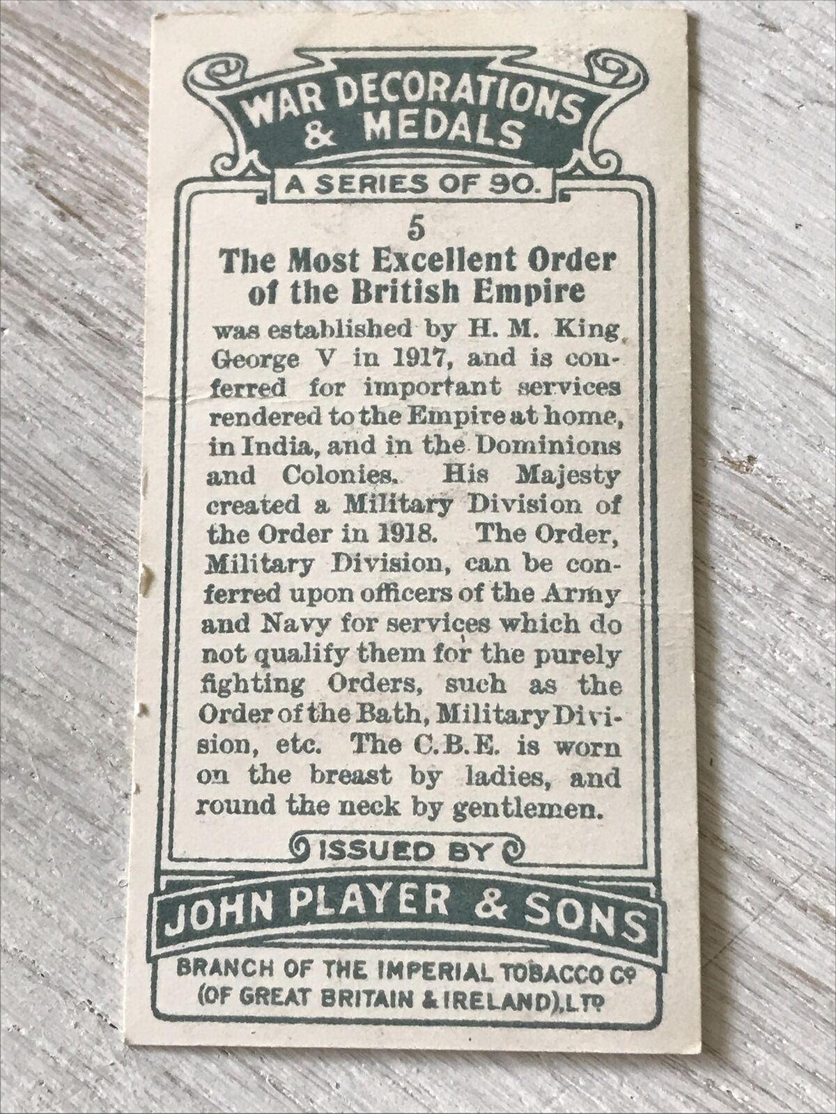 Players Cigarette Card War Decoratiions & Medals No5 Order Of The British Empire